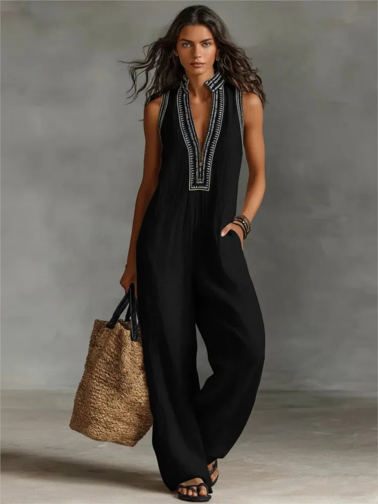 Combinaison Femme – Sans Manches, Col Montant, Coupe Ample, Poches, Jambes Larges | Style Casual Boheme