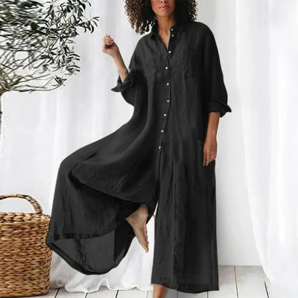 Plus Size Women's Jumpsuit – Linen Cotton, Turn-Down Collar, Wide Leg, Vintage Casual Style