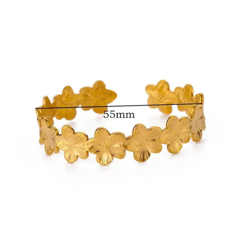 Vintage Floral Cuff Bracelet – Gold Stainless Steel, Botanical Pattern, Aesthetic, For Women