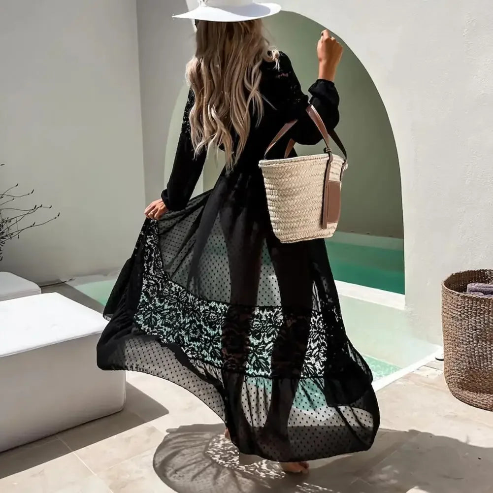 Cache-Maillot Cardigan Dentelle Transparent – Manches Longues, Franges, Col en V, Style Plage Sexy