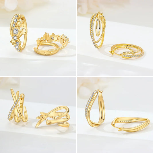 Boucles d'Oreilles Créoles Argent 925 Plaqué Or 18K – Zircon, Multiples Styles