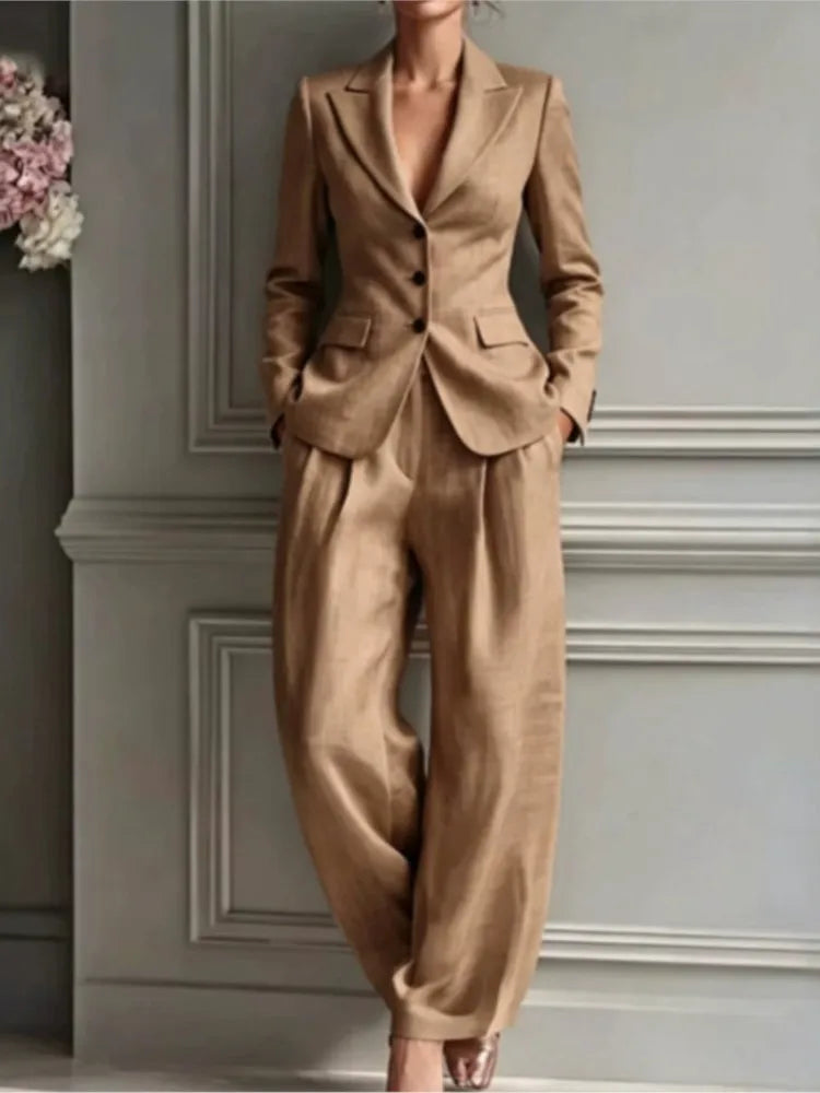 Three-Button Blazer and Wide-Leg Pleated Trousers Set