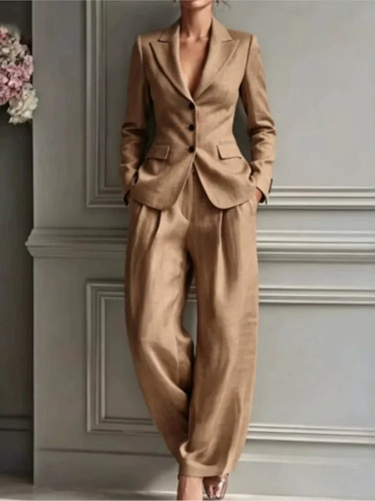 Ensemble Blazer à Trois Boutons et Pantalon Ample à Plis