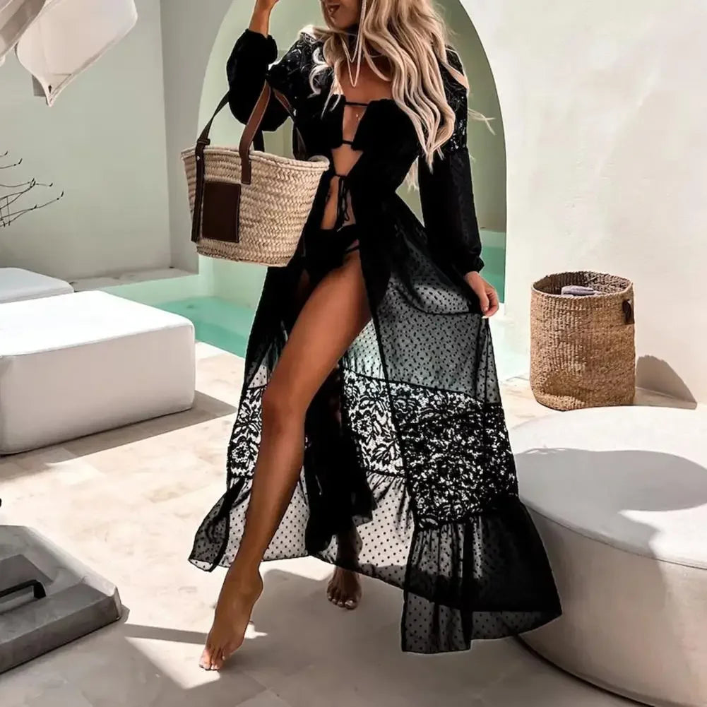 Cache-Maillot Cardigan Dentelle Transparent – Manches Longues, Franges, Col en V, Style Plage Sexy