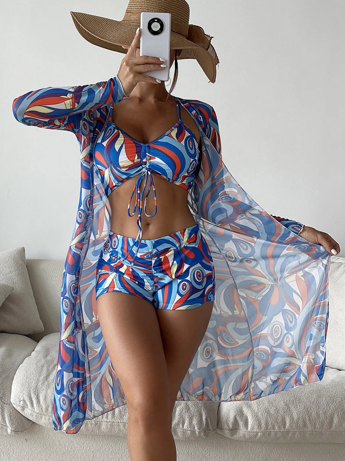 3-Piece Printed Bikini Set – High-Waisted, Cover-Up Included, Summer Beach Style