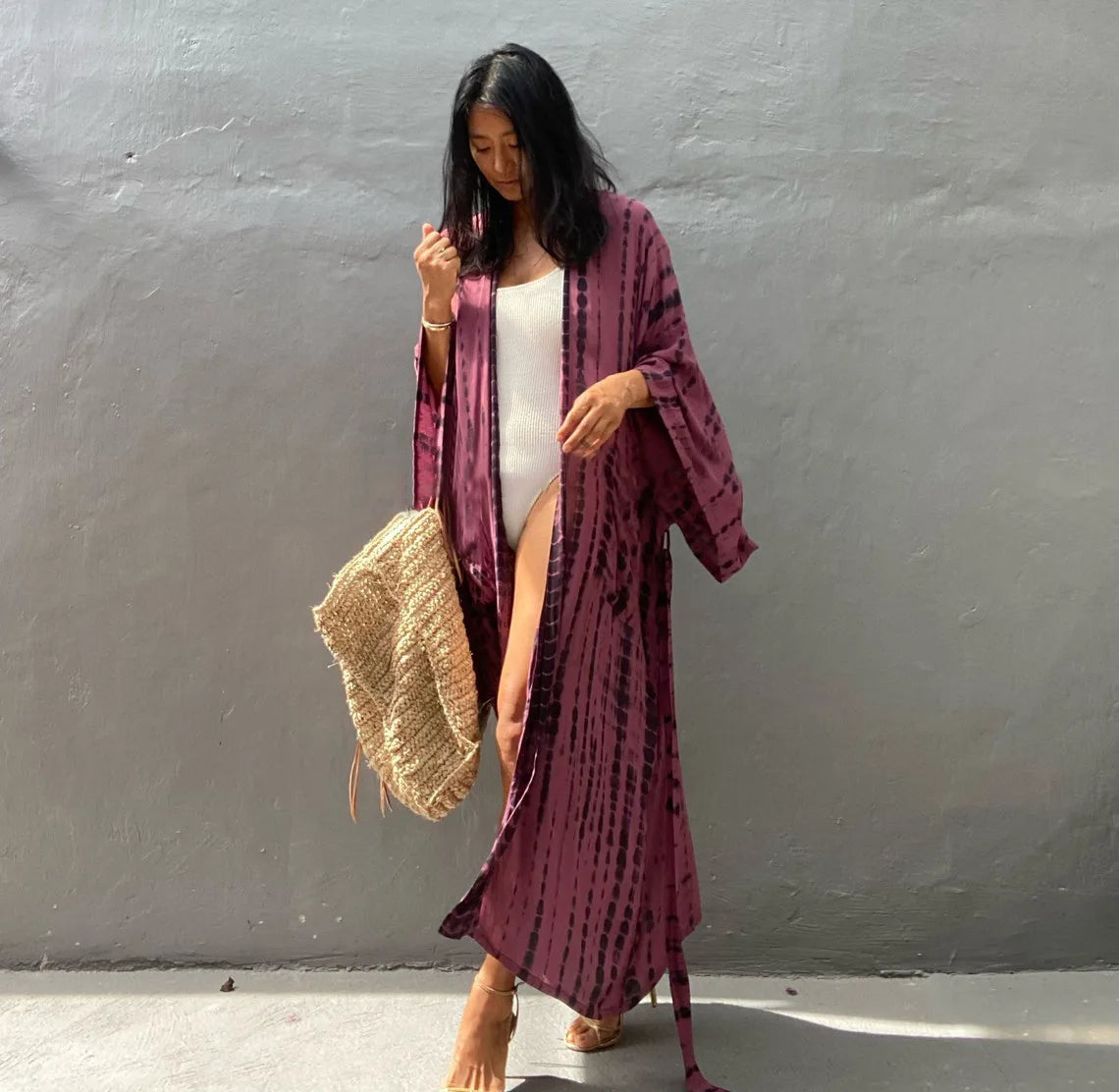Women's Tie-Dye Long Kimono Cover-Up – Open Front, Rayon, One Size, Beach Style