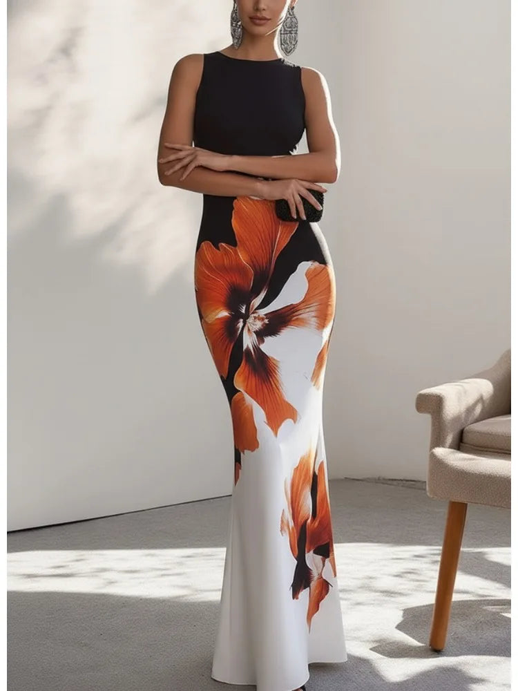 Robe Maxi Femme – Imprimé Floral, Col Rond, Taille Empire, Coupe Slim | Sans Manches