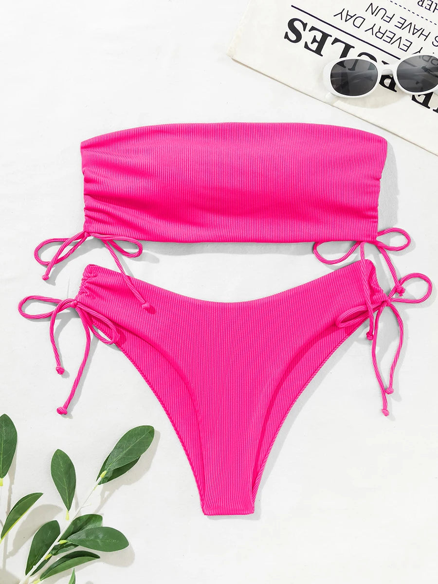 Bikini Sexy Femme Bandeau Maillot de Bain Taille Haute Ensemble 2 Pièces Été Plage