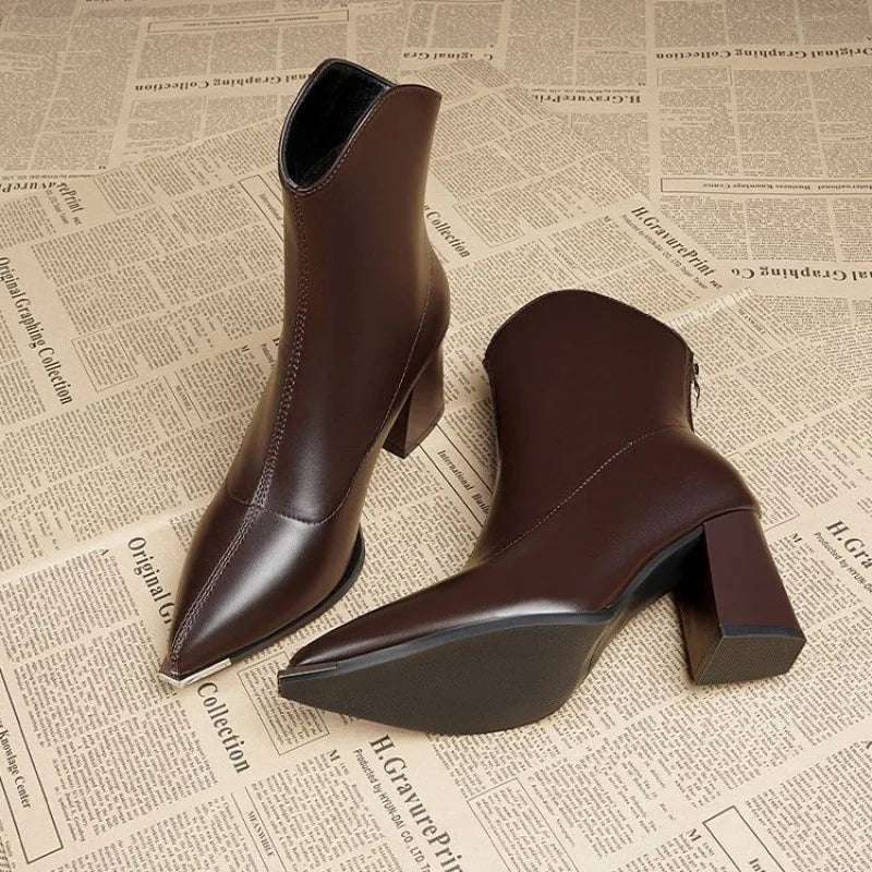 Metallic Pointed-Toe Block Heel Ankle Boots