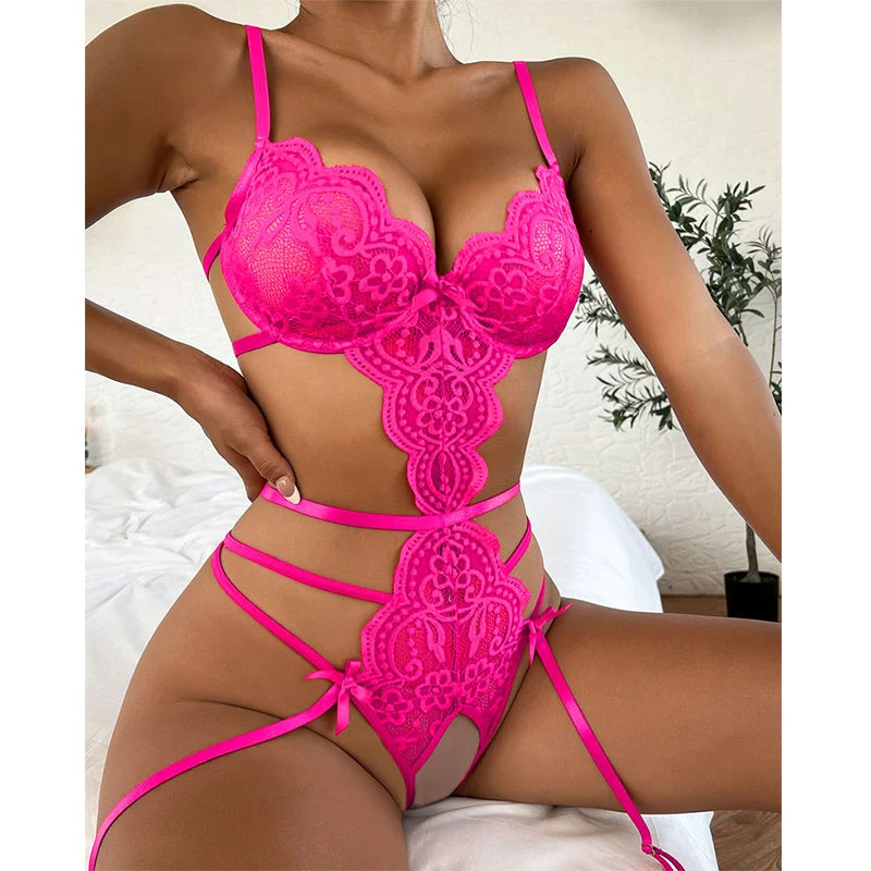 Lace Cut-Out Lingerie Bodysuit – Sheer Corset, Garter Belt & V-Neck