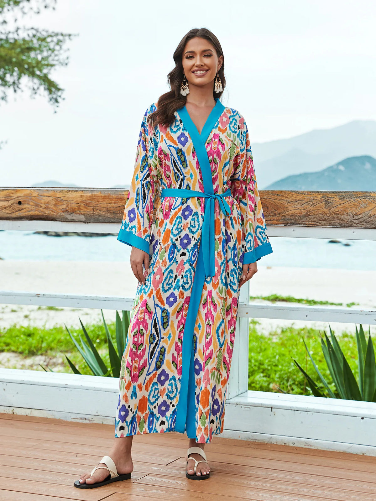 Cache-Maillot Robe Plage Kaftan – Manches Longues, Taille Unique, Style Bohème Été