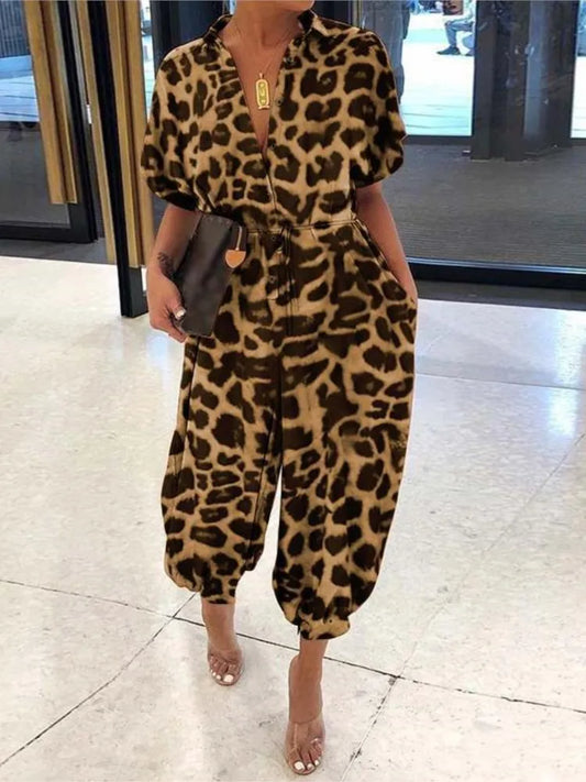 Women's Jumpsuit – V-Neck, Lace-Up, Short Sleeves, Leopard Print, Pockets, High Waist