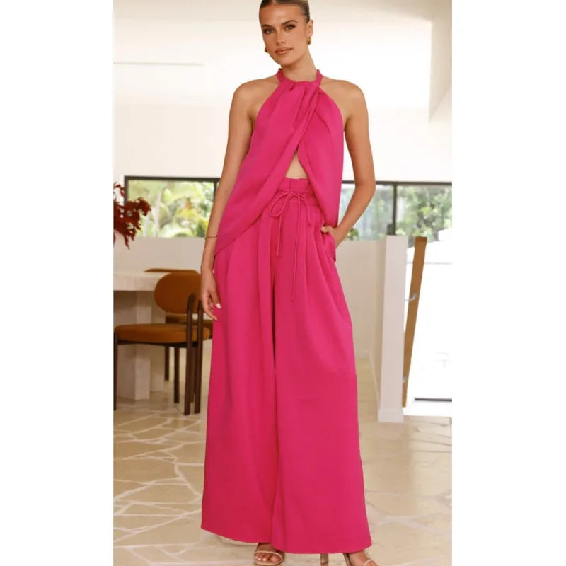 Ensemble Deux Pièces Femme – Top Halter Sans Manches & Pantalon Large Lacé, Coupe Ample