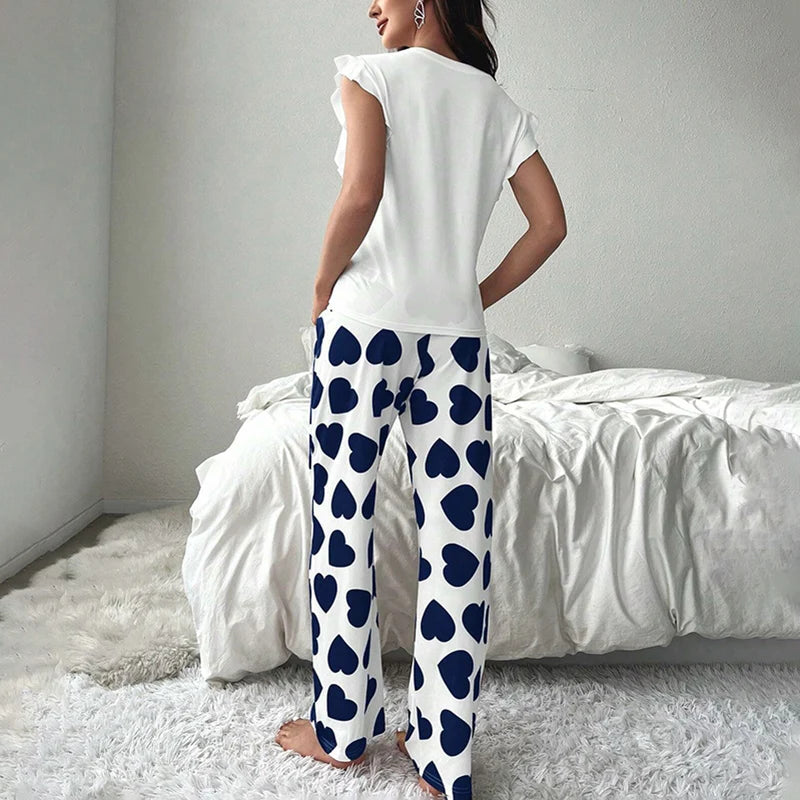 Women's 2-Piece Pajama Set – Heart & Letter Print, Short-Sleeve Top & Long Pants