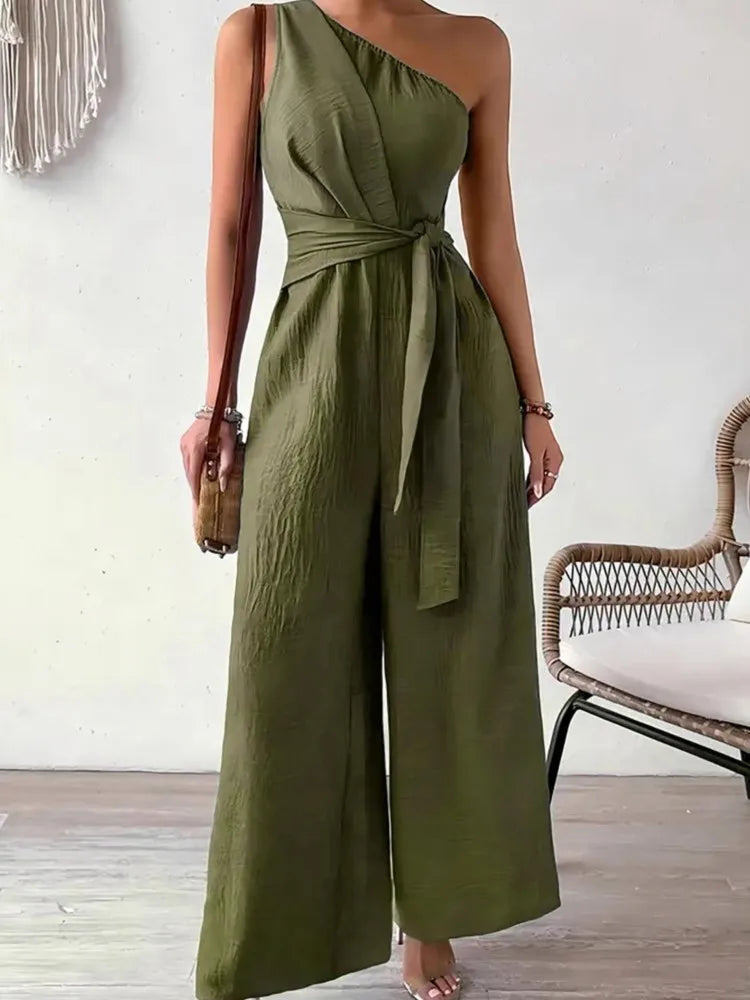 Combinaison Femme – Sans Manches, Col Asymétrique, Laçage, Jambes Larges, Taille Haute