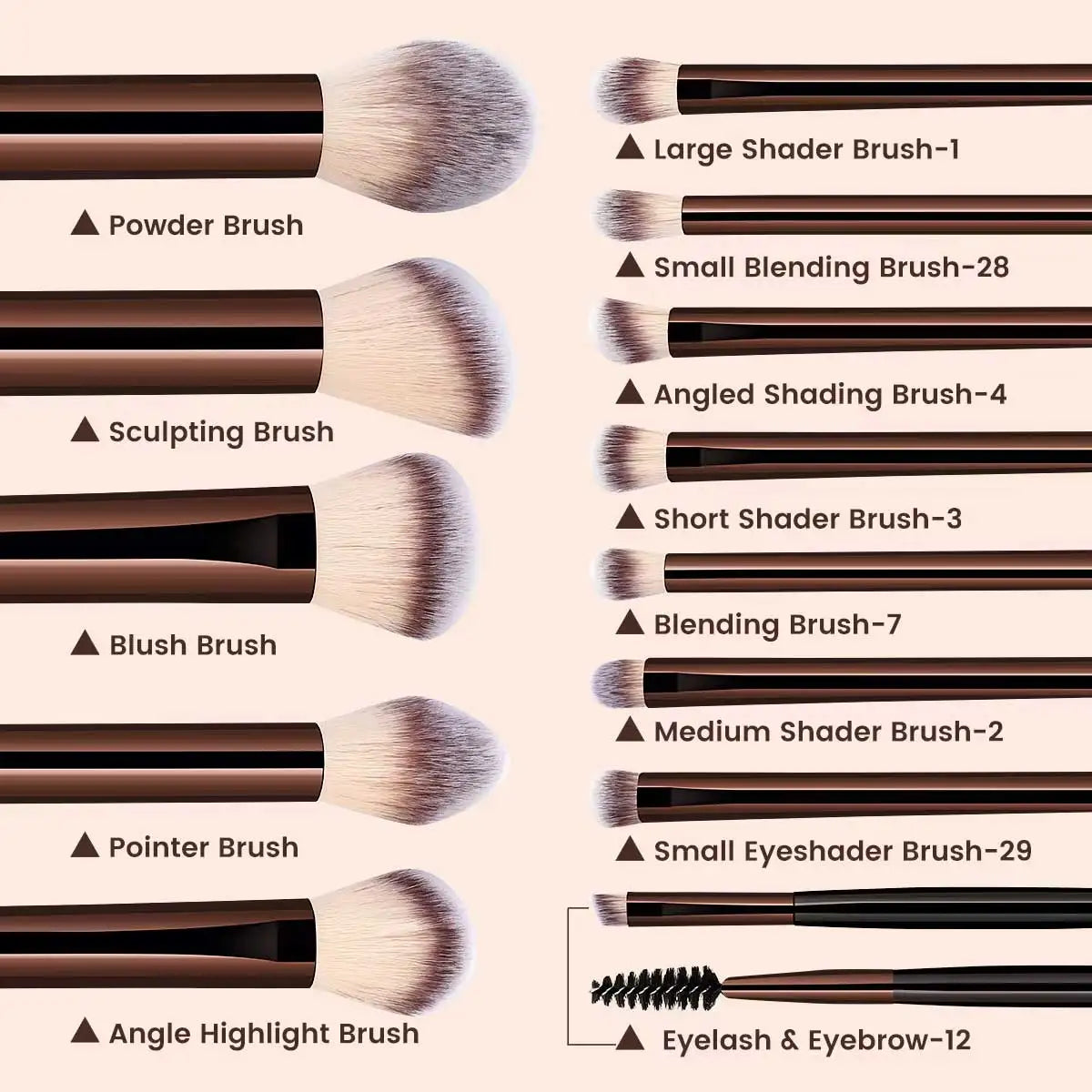 Set of 13 Professional Makeup Brushes – Foundation, Powder, Eyeshadow, Blush, Kabuki