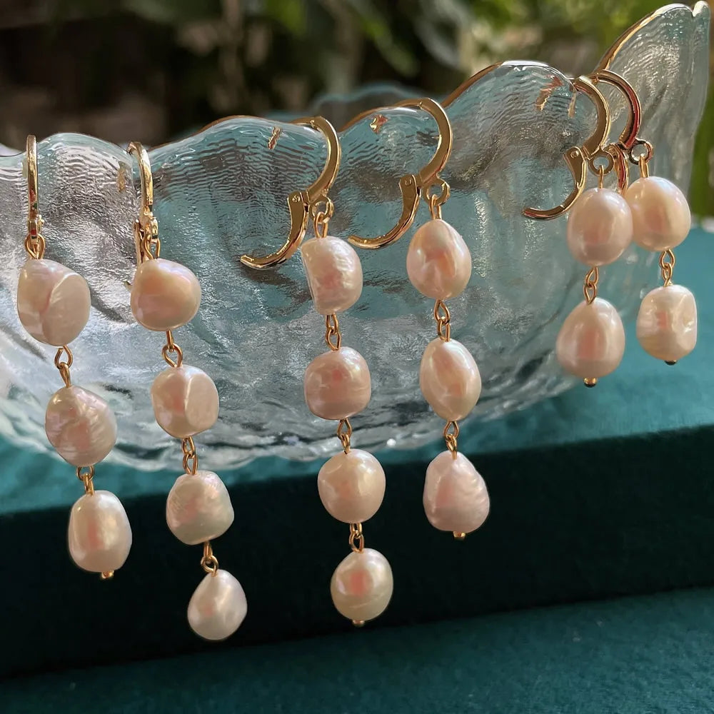 Boucles d'Oreilles Pendantes Perle Baroque Naturelle – Acier Inoxydable Plaqué Or, Longues Franges, Style Coréen
