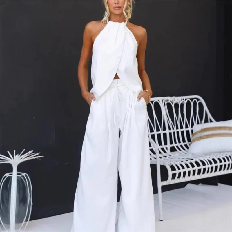 Ensemble Deux Pièces Femme – Top Halter Sans Manches & Pantalon Large Lacé, Coupe Ample