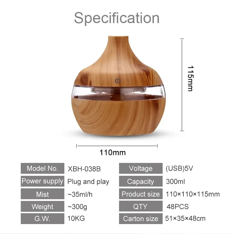 Humidificateur Diffuseur Ultrasonique 300 ml – Bois, Brume Froide, Aromathérapie Maison