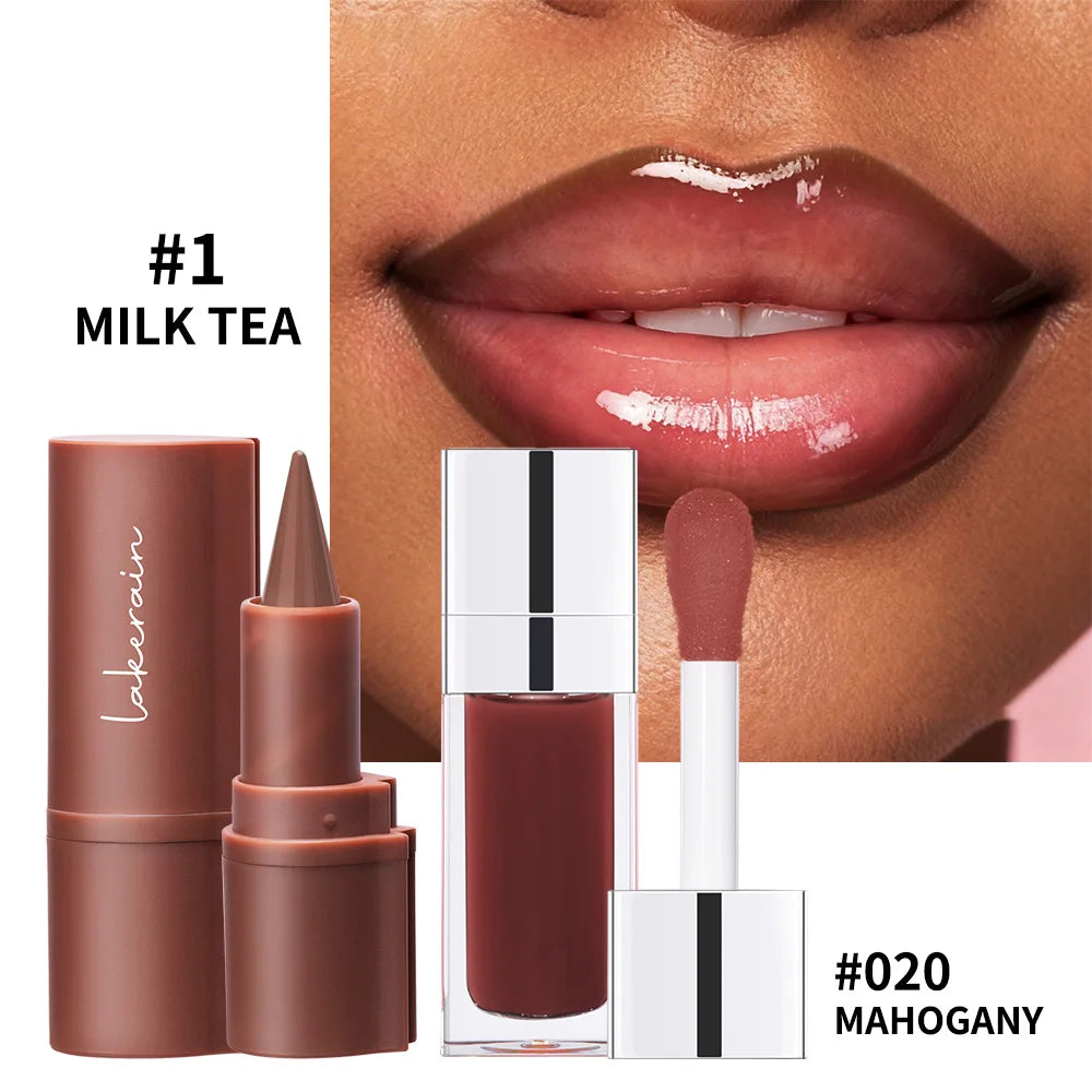Duo Lèvres – Liner Contour Longue Tenue + Huile Gloss Brillante | 5 Sets | Lakerain
