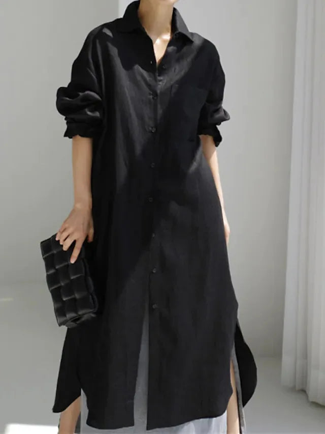 Robe Chemise Femme – Col Rabattu, Manches Longues, Mélange Coton, Coupe Ample | Style Bureau