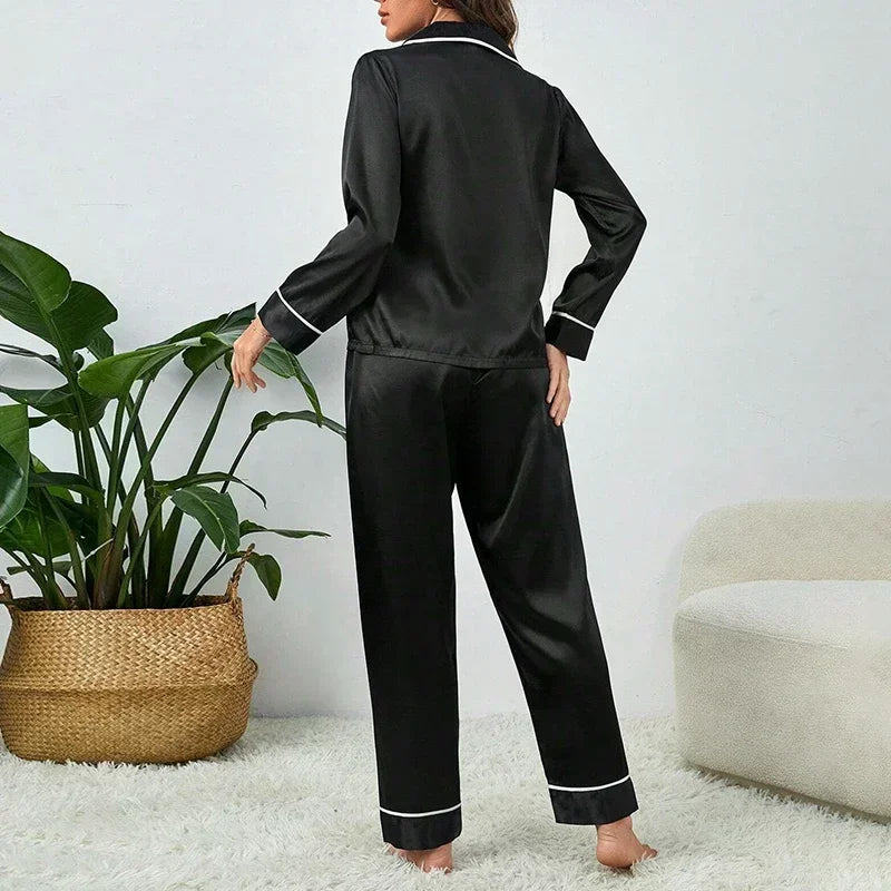 Ensemble Pyjama Long Femme – Haut Col V Manches, Tissu Satiné Doux