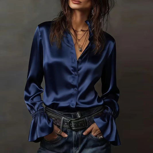 Satin-Look Blouse – Turndown Collar and Long Sleeves
