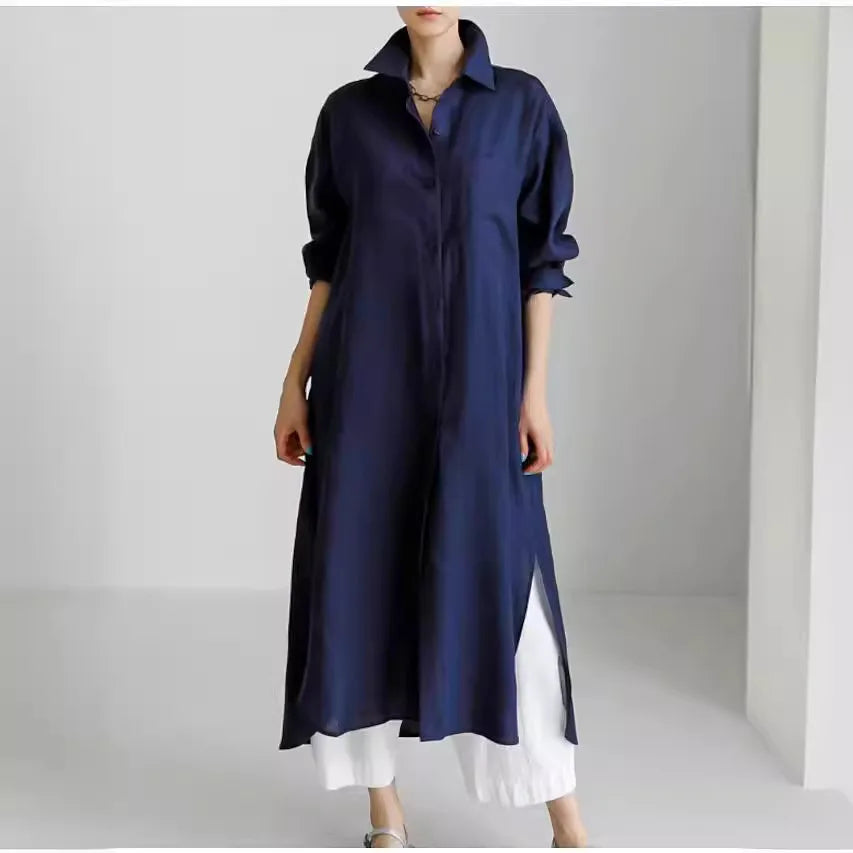 Robe Chemise Femme – Col Rabattu, Manches Longues, Mélange Coton, Coupe Ample | Style Bureau