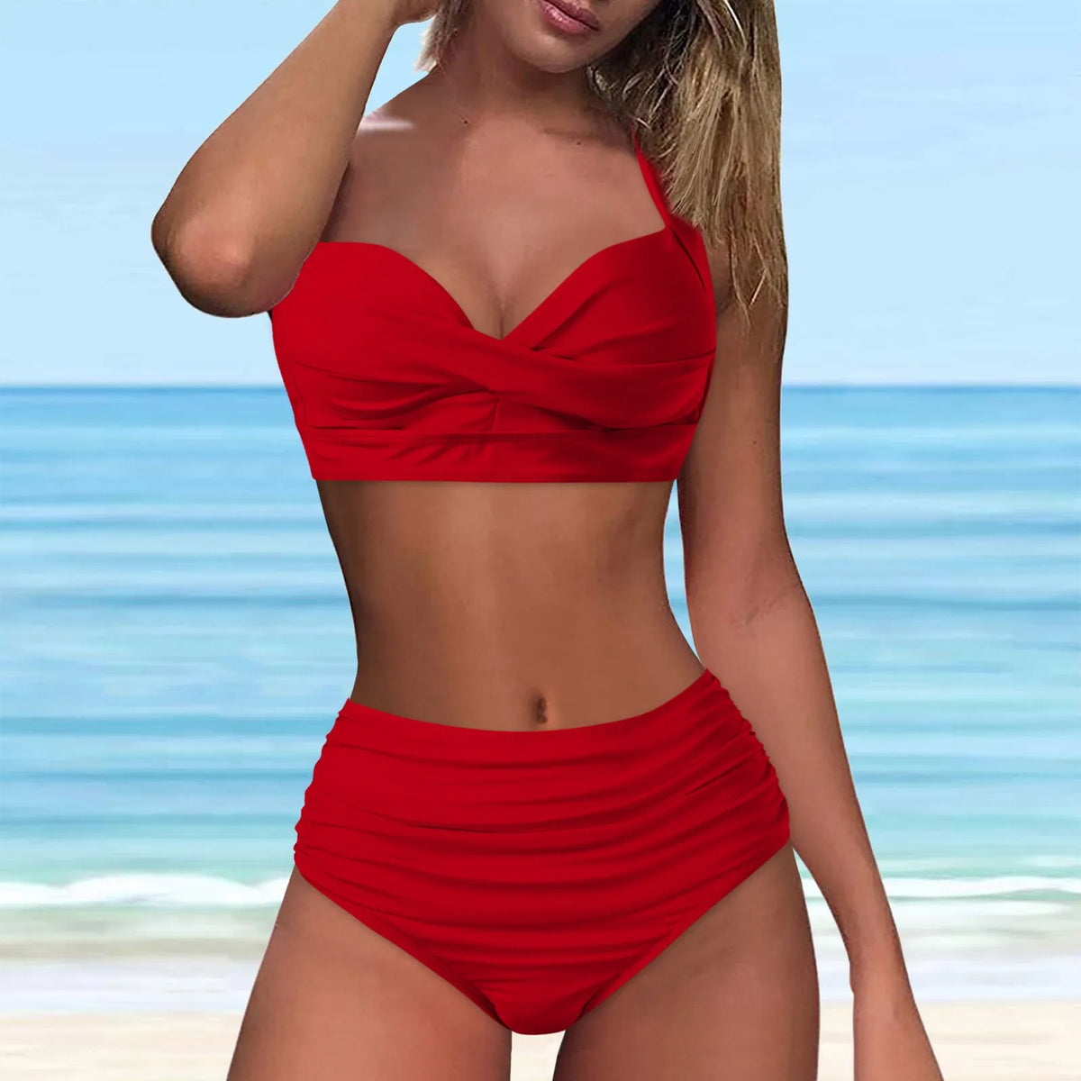 Ensemble Bikini Deux Pièces Uni – Taille Haute, Col en V, Push-Up, Volants, Style Plage Été