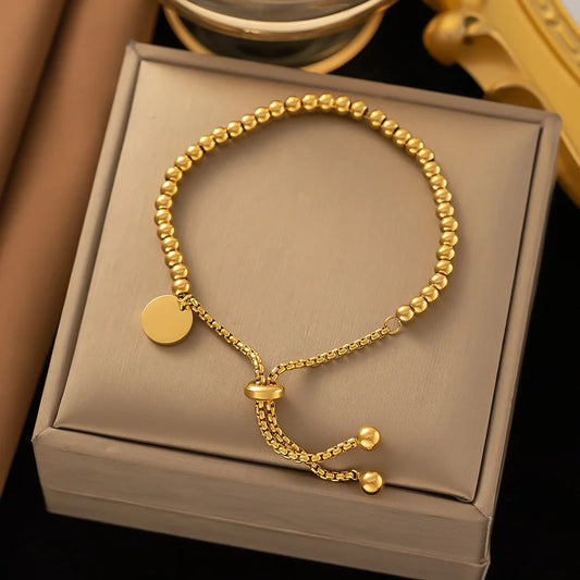 Bracelet Perles Chaîne Ajustable – Acier Inoxydable Plaqué Or 18K, Style Classique, Pour Femme