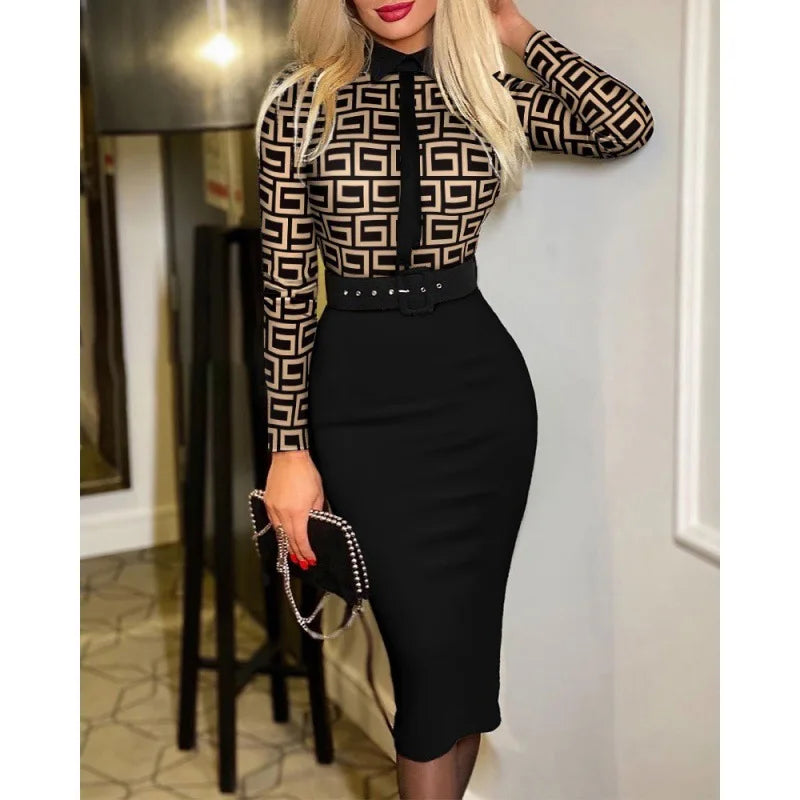 Fitted Printed Midi Dress with Belt and Structured Collar