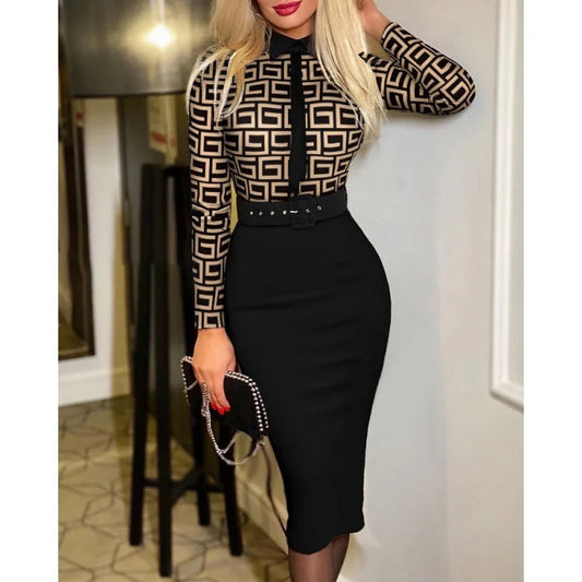 Fitted Printed Midi Dress with Belt and Structured Collar