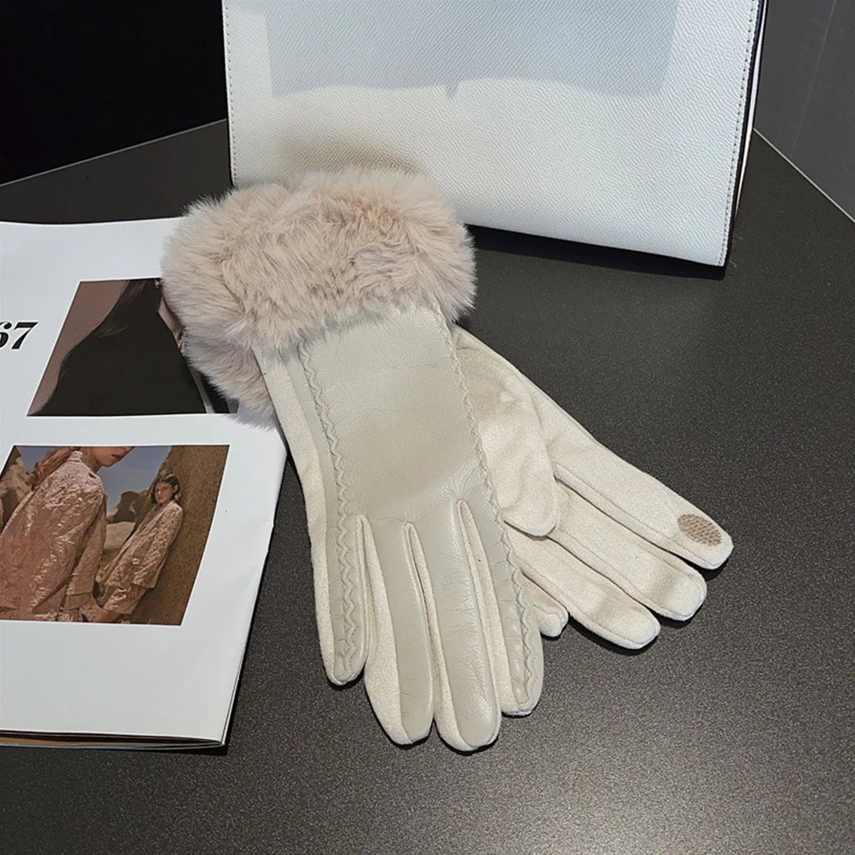 Faux leather gloves with faux fur trim