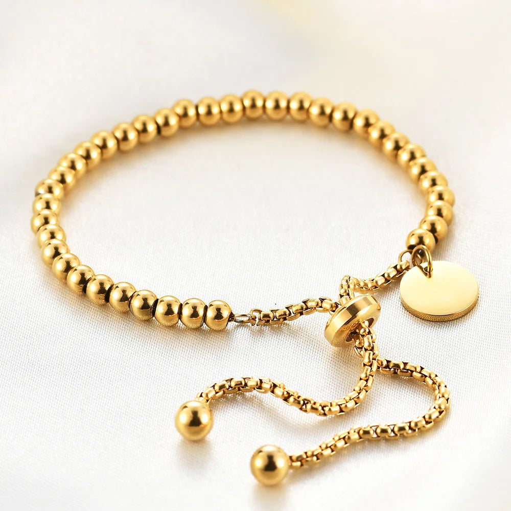 Bracelet Perles Chaîne Ajustable – Acier Inoxydable Plaqué Or 18K, Style Classique, Pour Femme