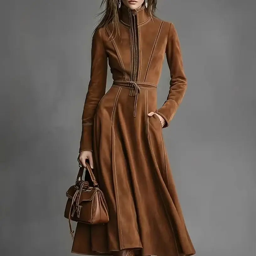 Robe midi en effet suédé, zippée et ceinturée