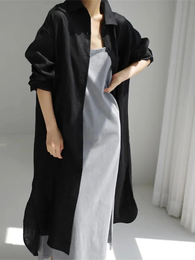 Robe Chemise Femme – Col Rabattu, Manches Longues, Mélange Coton, Coupe Ample | Style Bureau