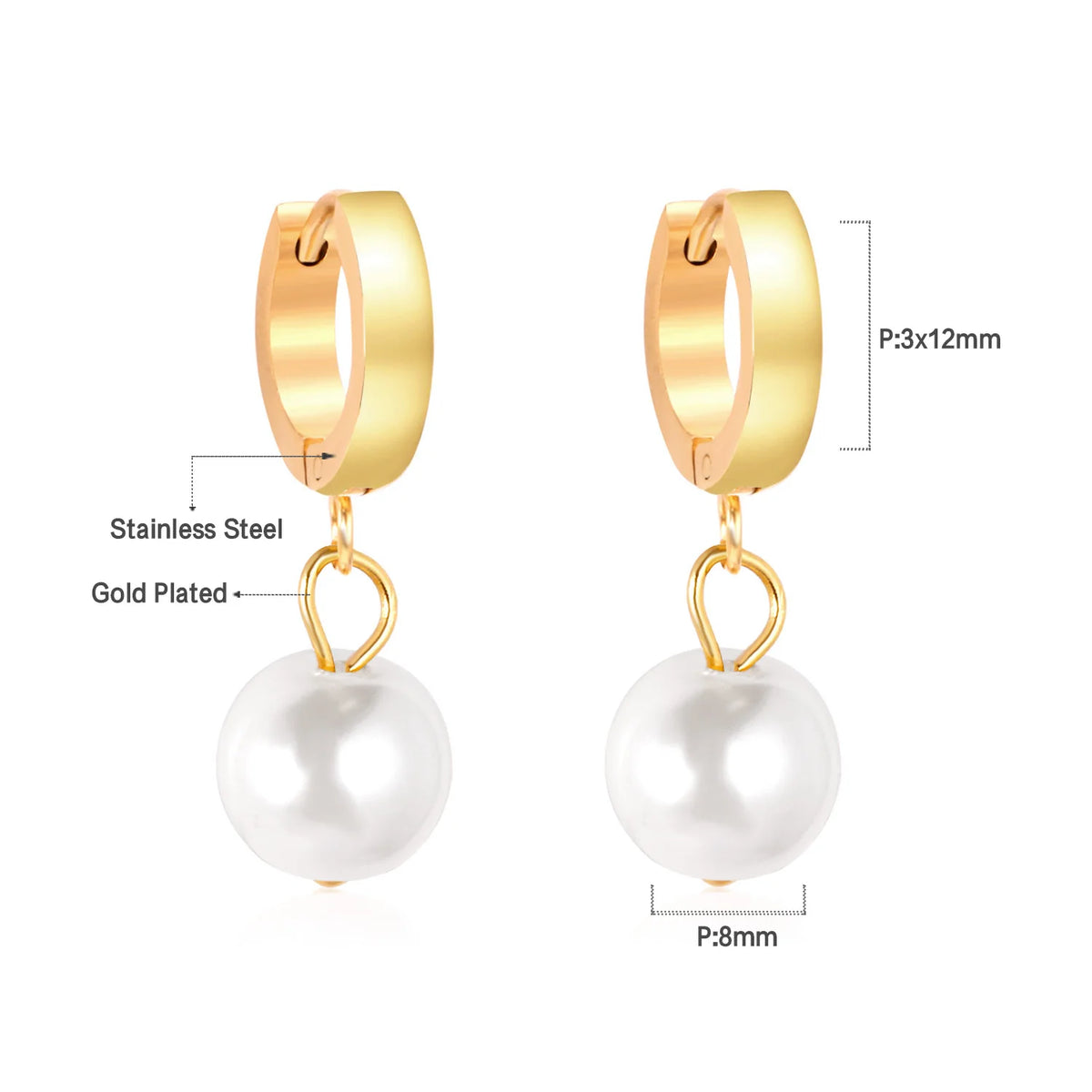 Boucles d'Oreilles Créoles Perle Simulée – Acier Inoxydable Plaqué Or 24K, Style Tendance