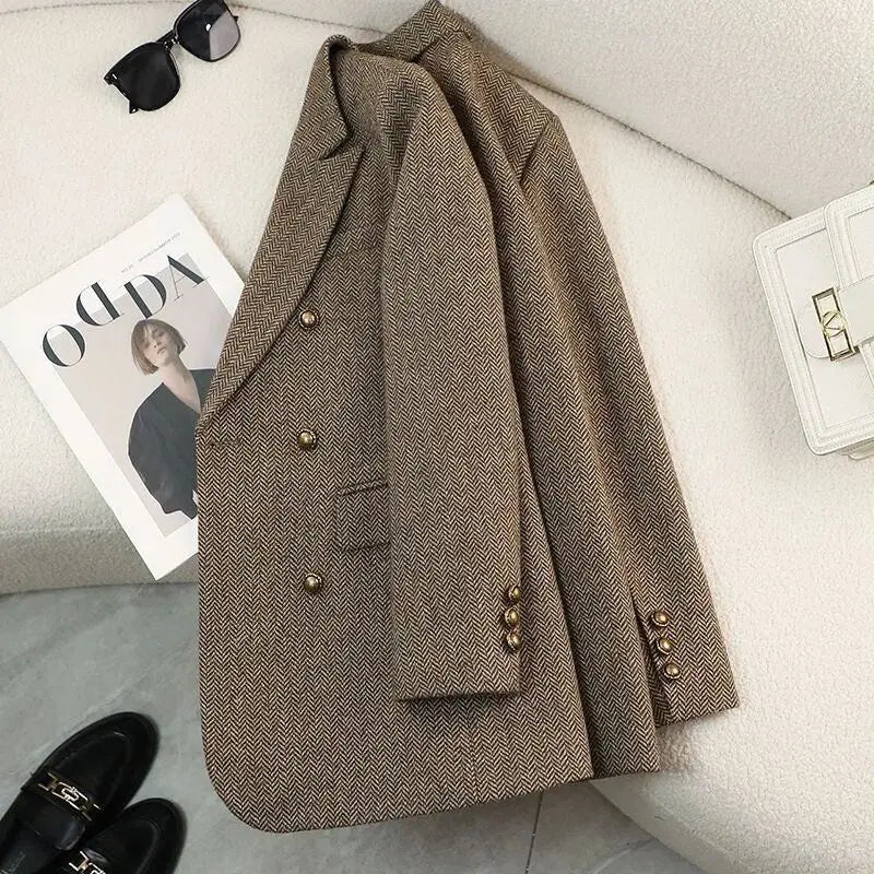 Blazer Long à Chevrons et Boutons