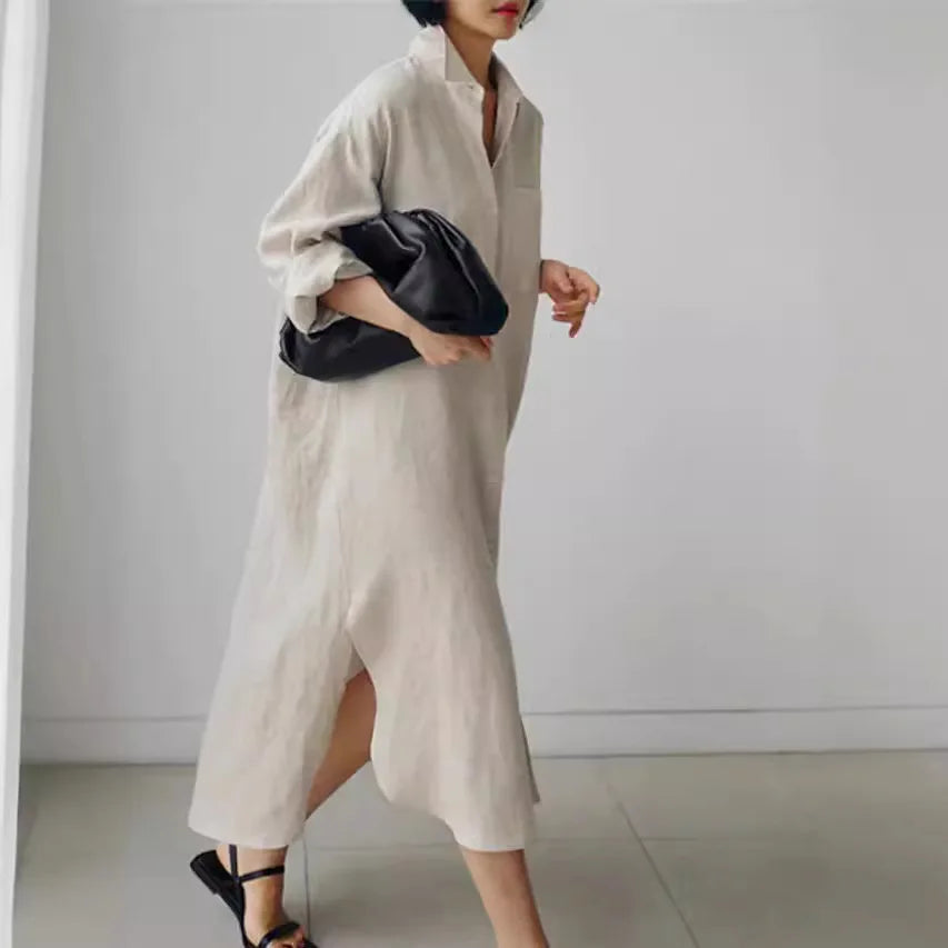 Robe Chemise Femme – Col Rabattu, Manches Longues, Mélange Coton, Coupe Ample | Style Bureau