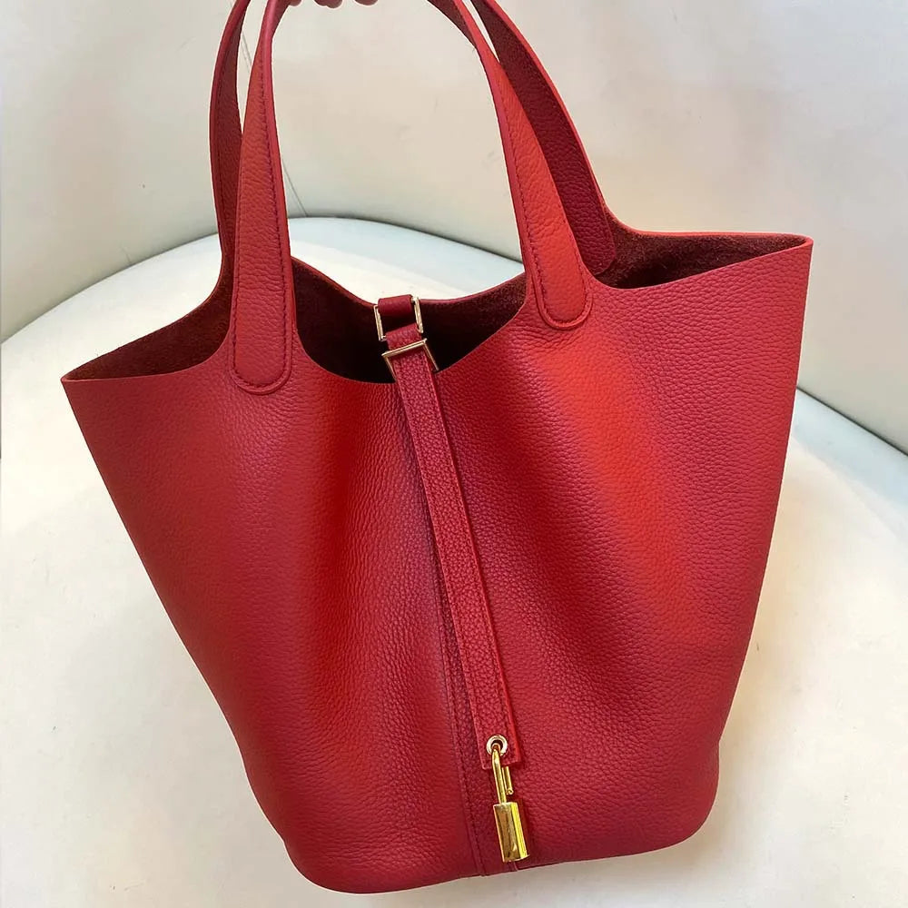 Gold genuine leather bucket bag for women - Large luxury designer tote