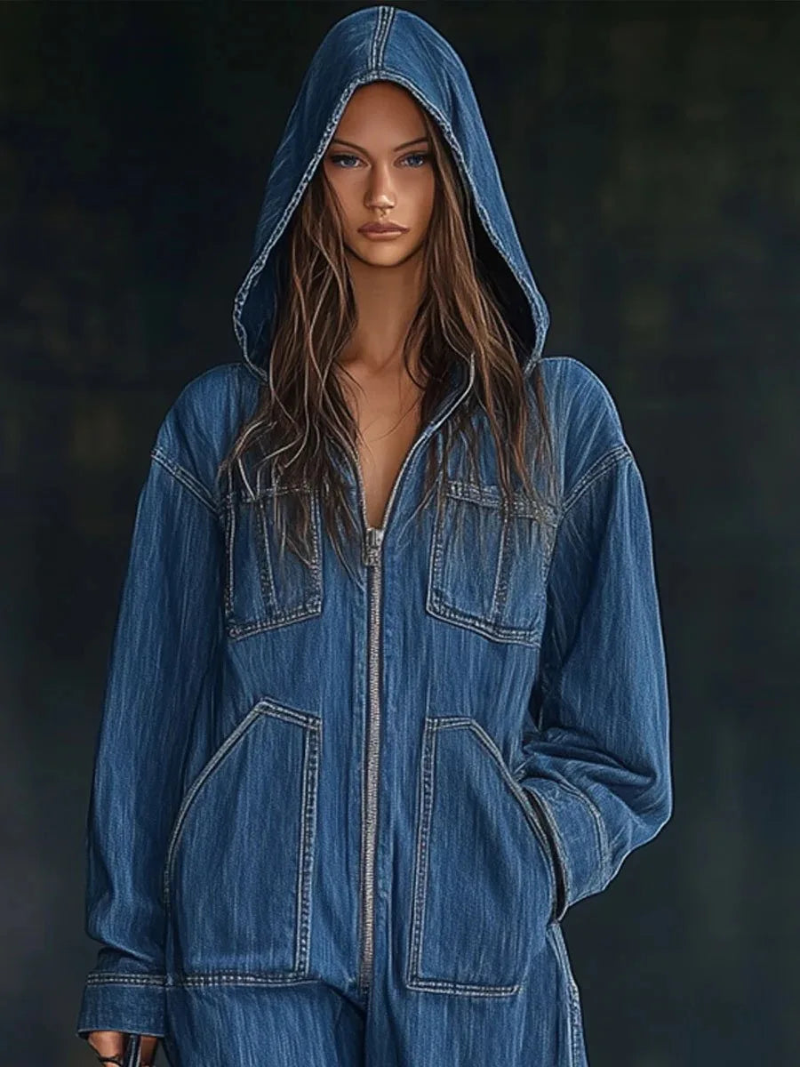 Combinaison Femme en Jean – Capuche, Manches Longues, Poches, Coupe Ample | Style Vintage Chic