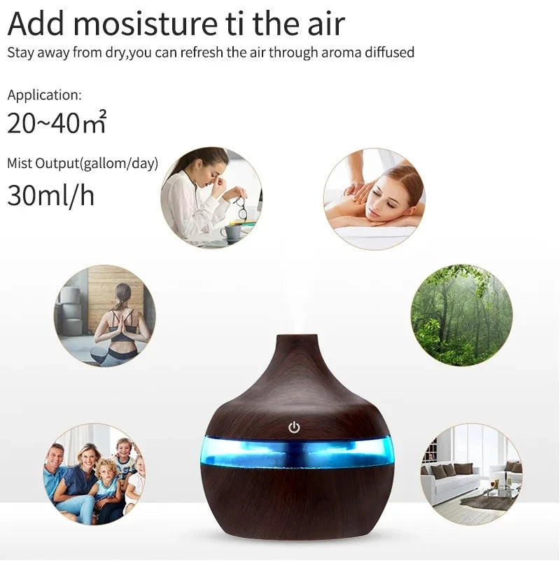 Humidificateur Diffuseur Ultrasonique 300 ml – Bois, Brume Froide, Aromathérapie Maison