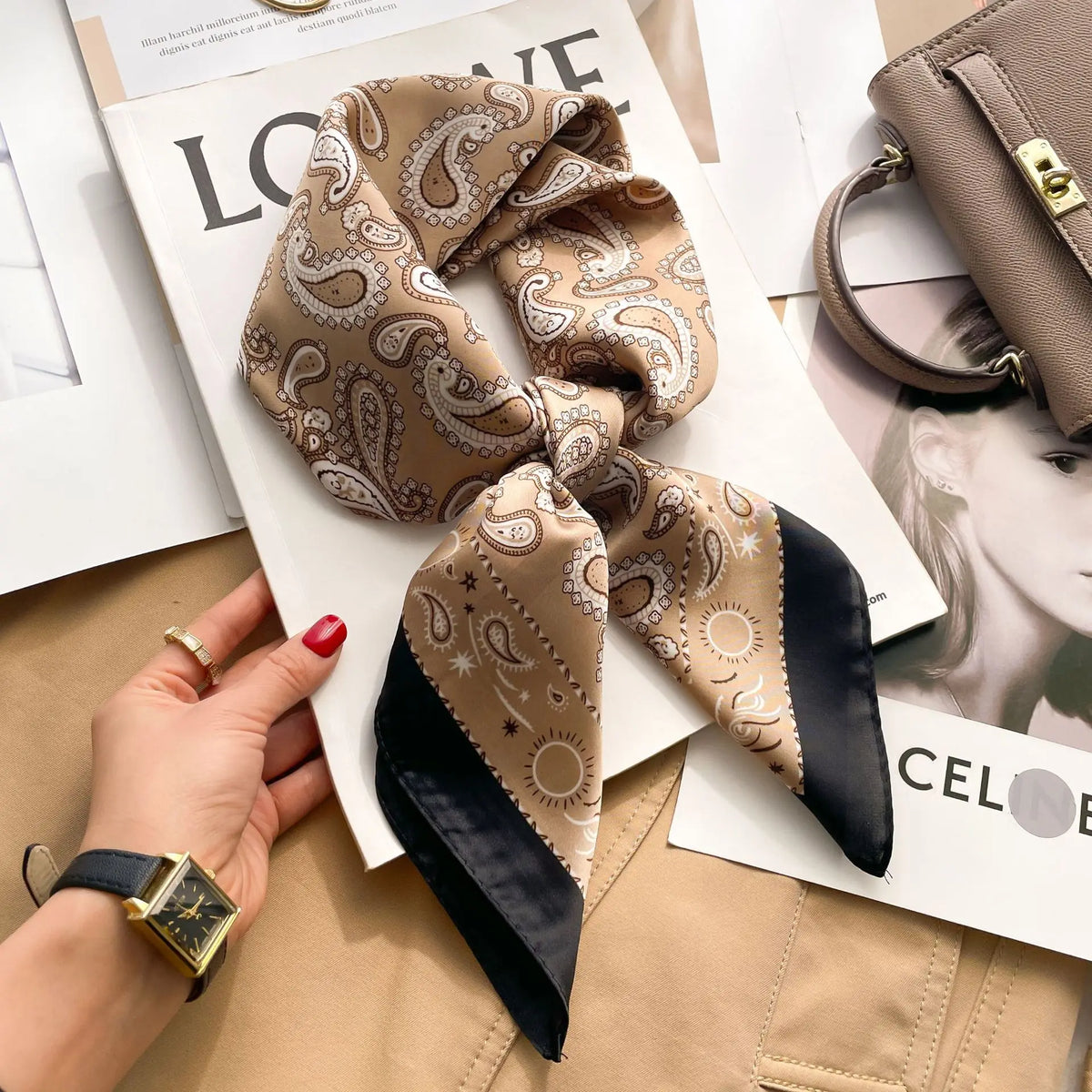 Women’s Square Scarf – Luxury Satin Silk, Elegant Headband & Shawl, 70x70cm