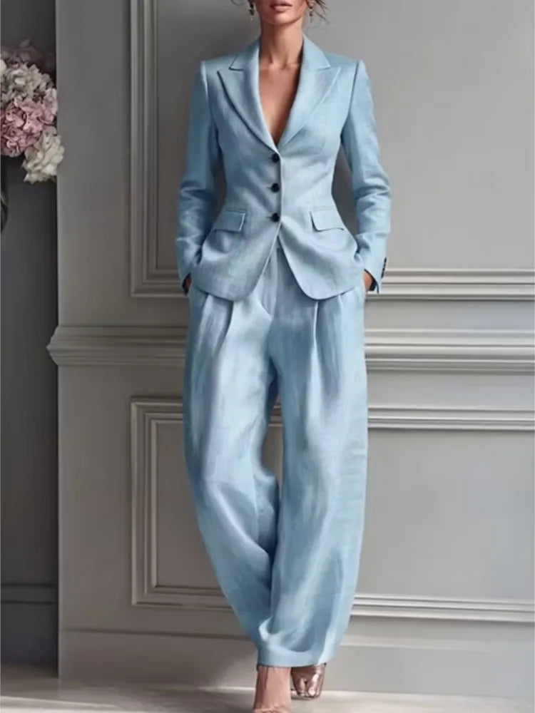 Three-Button Blazer and Wide-Leg Pleated Trousers Set