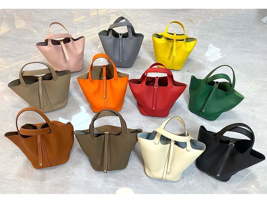 Sac seau en cuir véritable doré pour femme - Grand cabas luxe designer