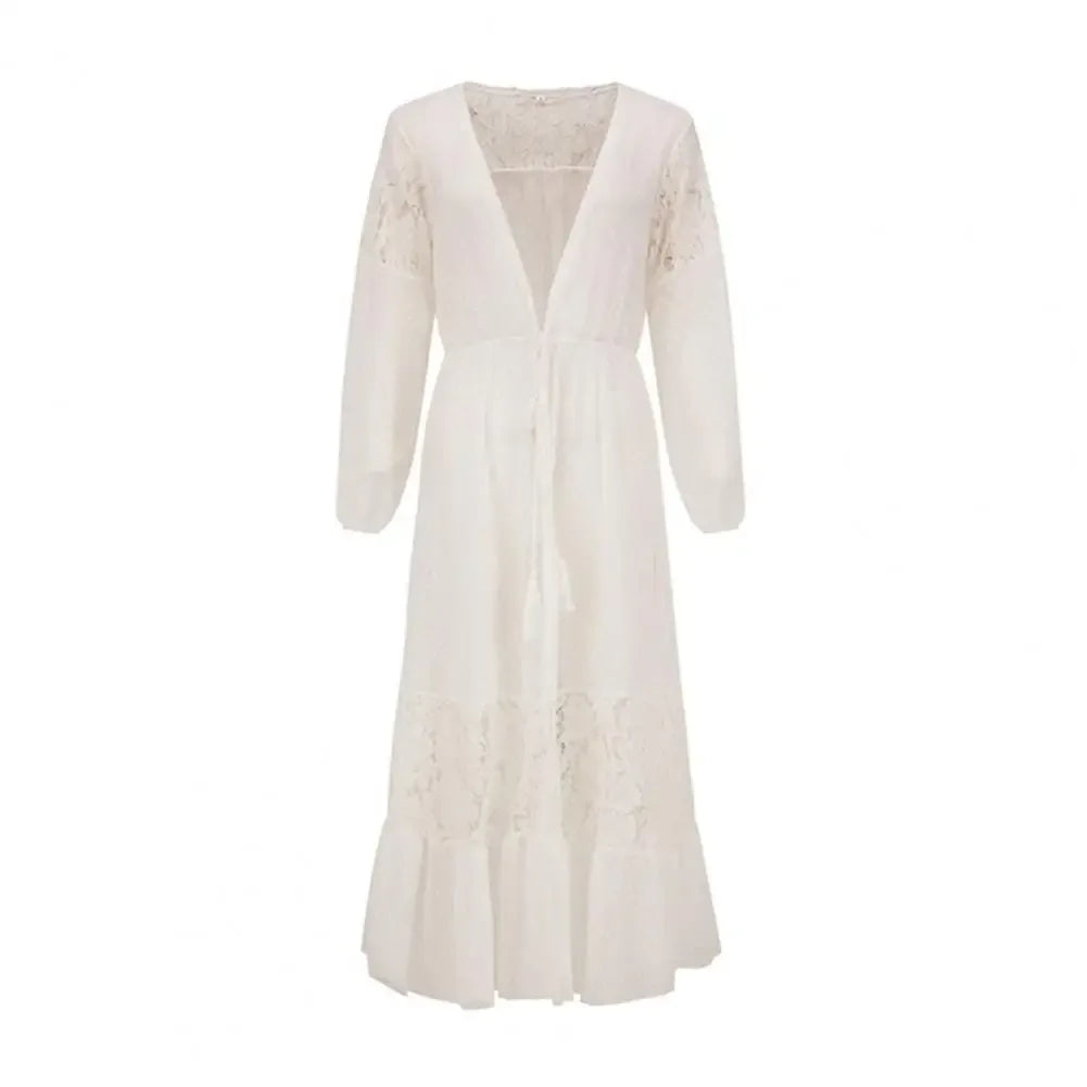 Cache-Maillot Cardigan Dentelle Transparent – Manches Longues, Franges, Col en V, Style Plage Sexy