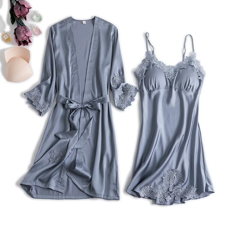 Ensemble Peignoir & Nuisette Femme – Déshabillé Satiné, Bordure Dentelle, Style Élégant & Sexy