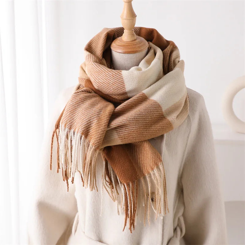 Large Check Scarf with Fringes