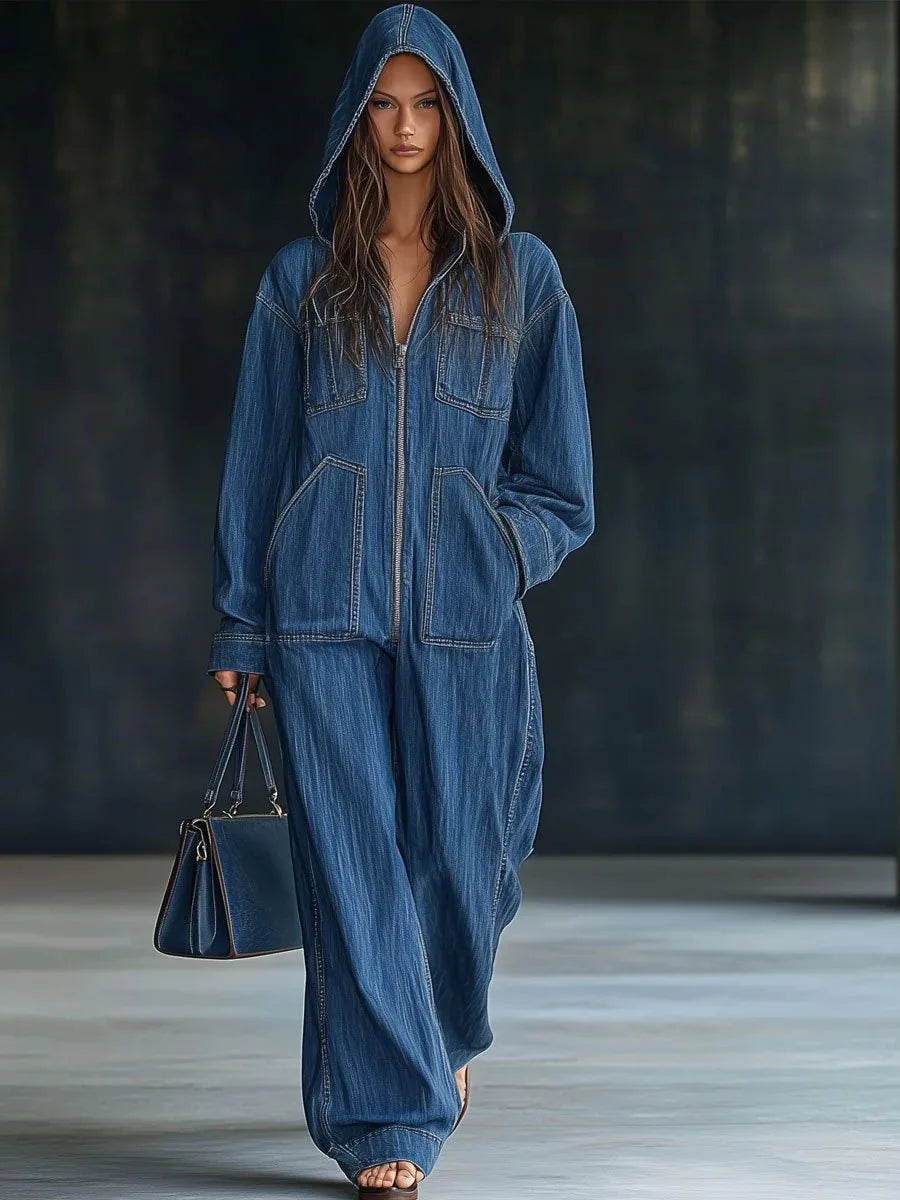 Combinaison Femme en Jean – Capuche, Manches Longues, Poches, Coupe Ample | Style Vintage Chic