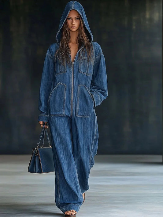 Women's Denim Jumpsuit – Hooded, Long Sleeves, Pockets, Loose Fit | Vintage Chic Style